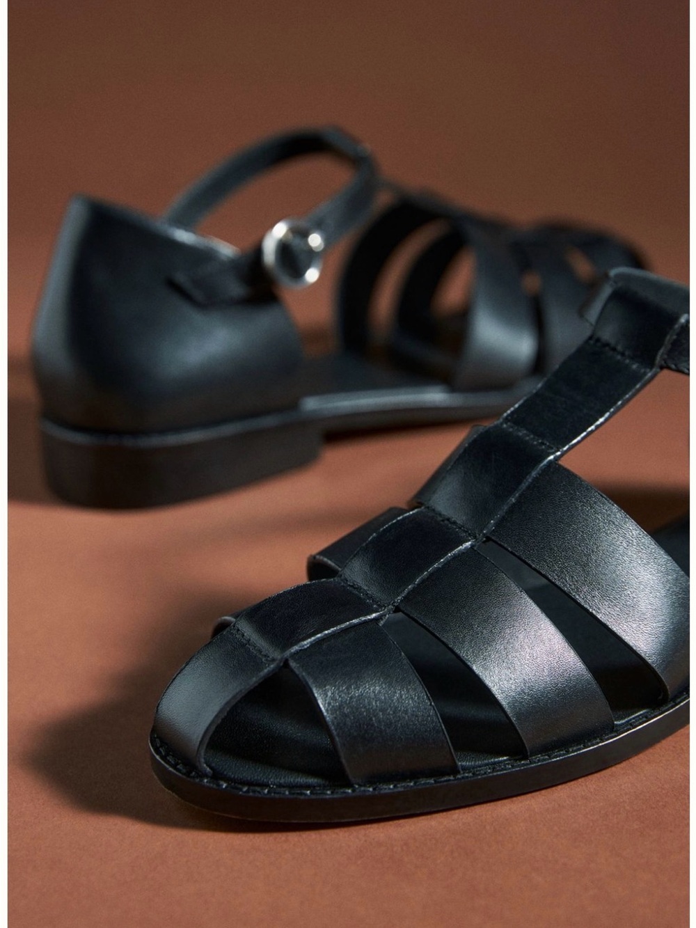 Anthropologie Pilcro Maris Fisherman Sandals 37 Black Leather Classic Cage Flats - Picture 5 of 15